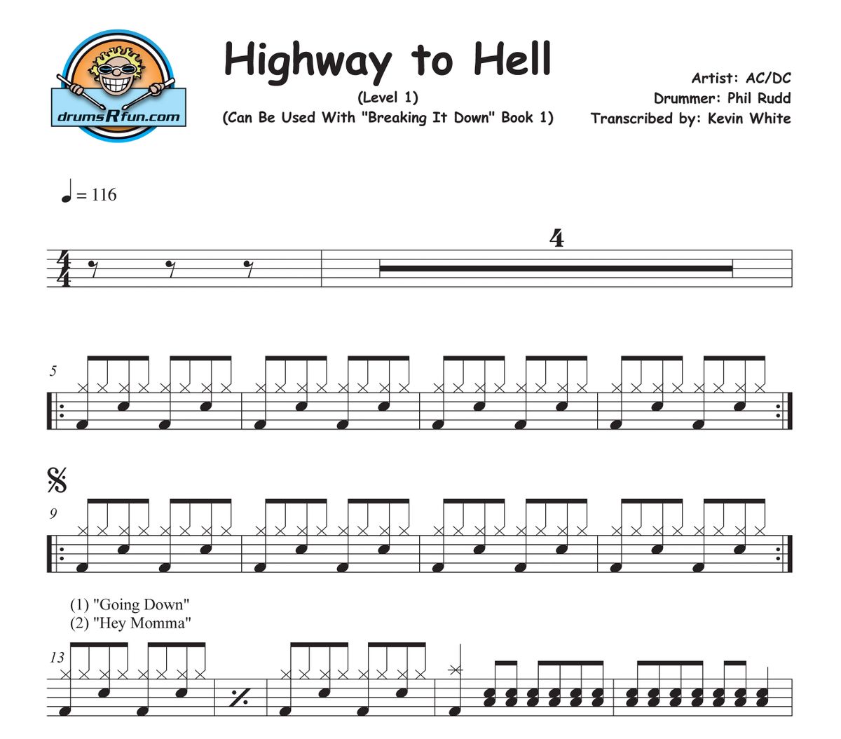 AC/DC Highway to Hell Drum Transcription Level 1